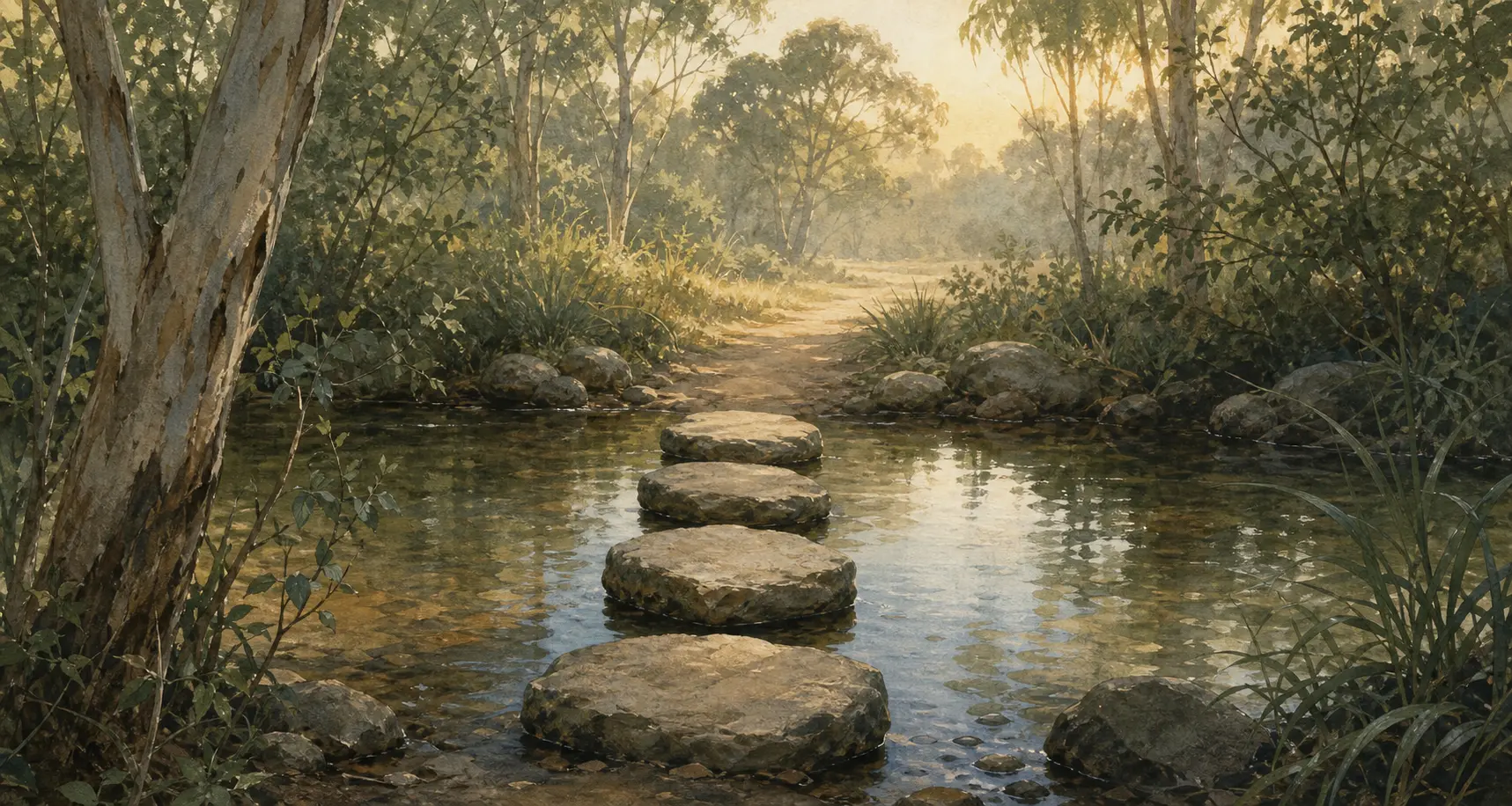 Four stepping stones crossing a quiet forest stream towards the dawn