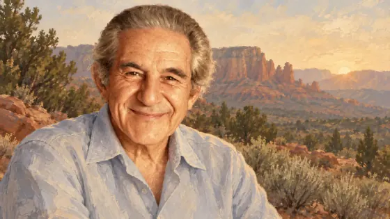 AI-generated painted portrait of Lester Levenson in the Sedona landscape at dawn