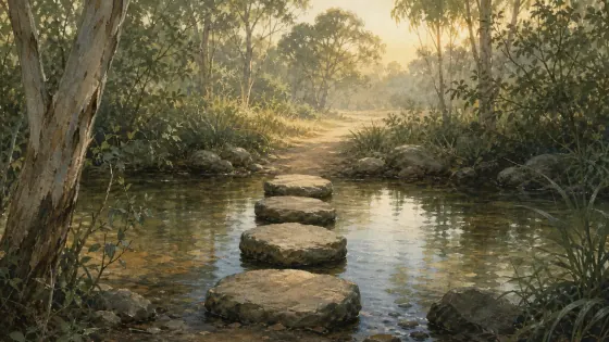 Four stepping stones crossing a quiet forest stream towards the dawn