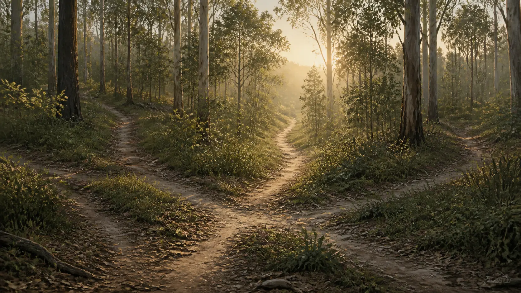 Several forest tracks merging into one path towards the morning light
