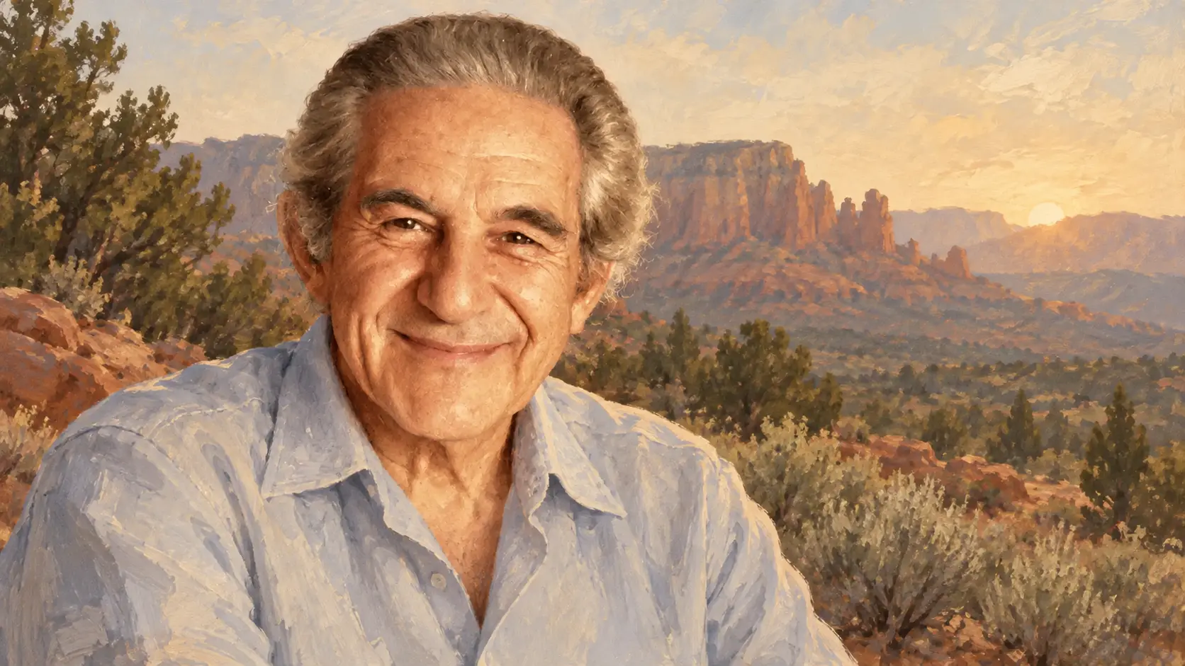 AI-generated painted portrait of Lester Levenson in the Sedona landscape at dawn